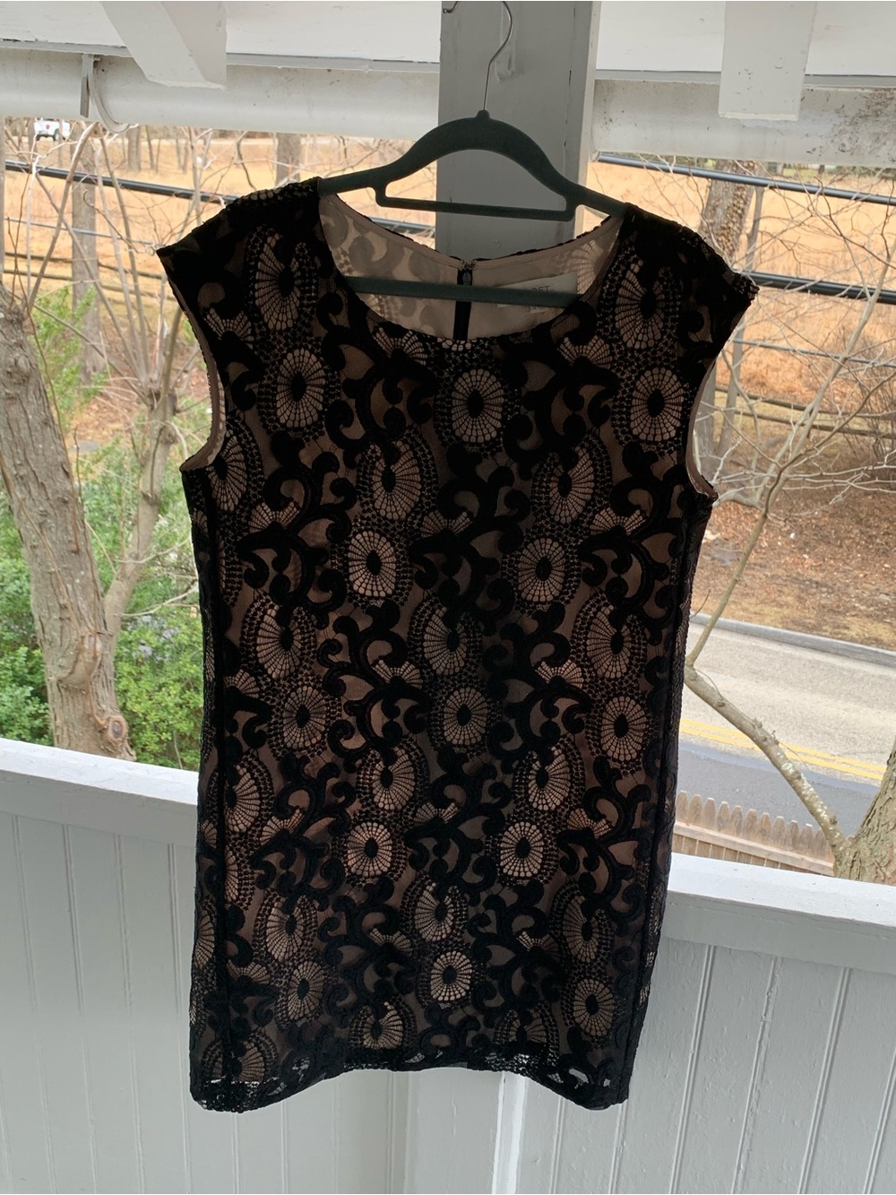 LOFT Black Lace Midi Dress with Nude Underlay - Picture 2 of 14
